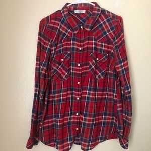 Forever21 red/blue long sleeve plaid Top XL